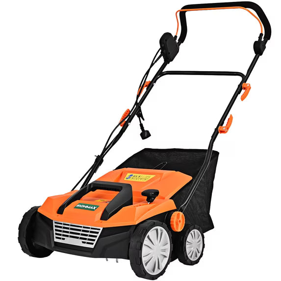 IronMax 13Amp Corded Scarifier 15" Electric Lawn Dethatcher w/50L Collection Bag Orange
